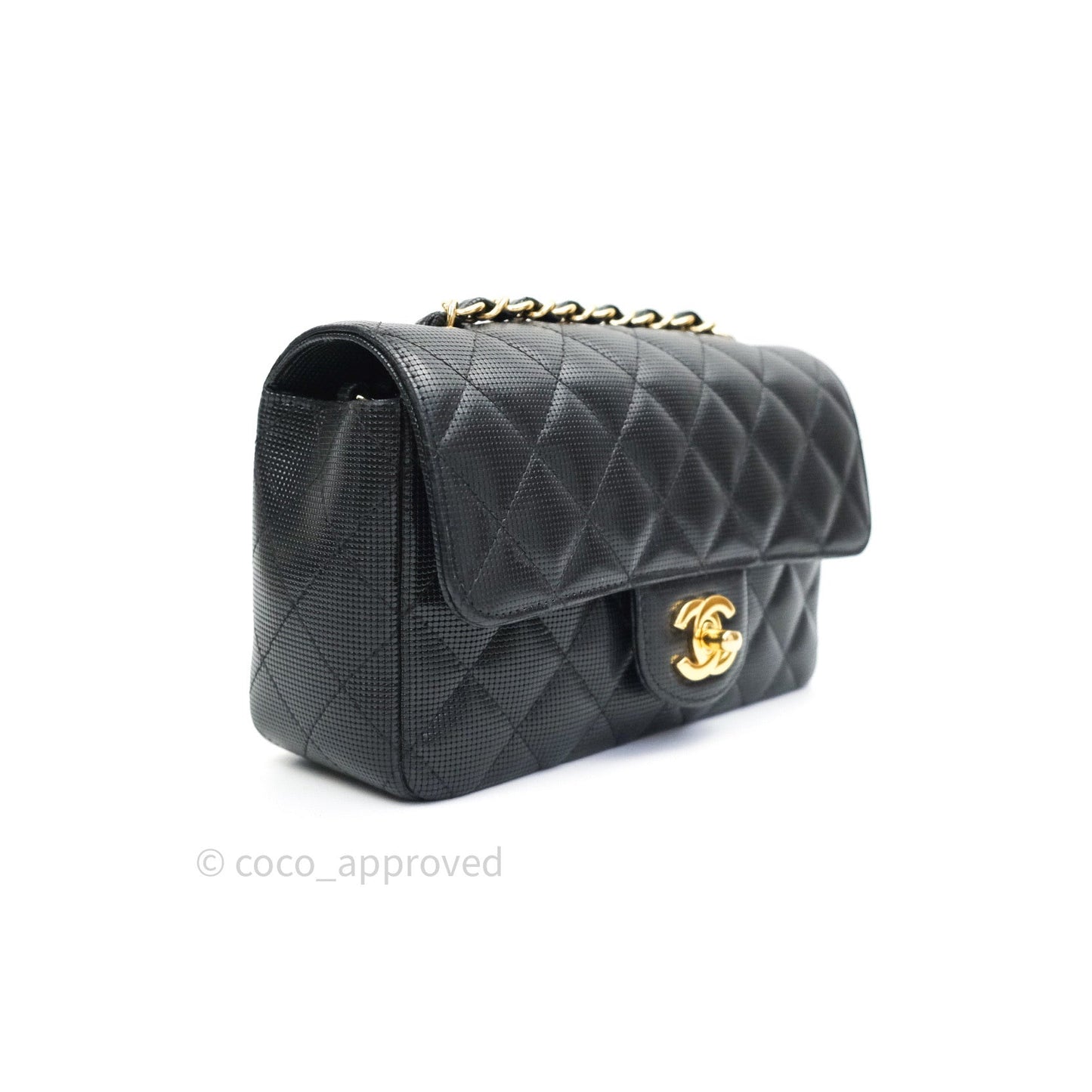 Chanel Metallic Calfskin Quilted Pixel Effect Mini Rectangular Flap Black Gold Hardware