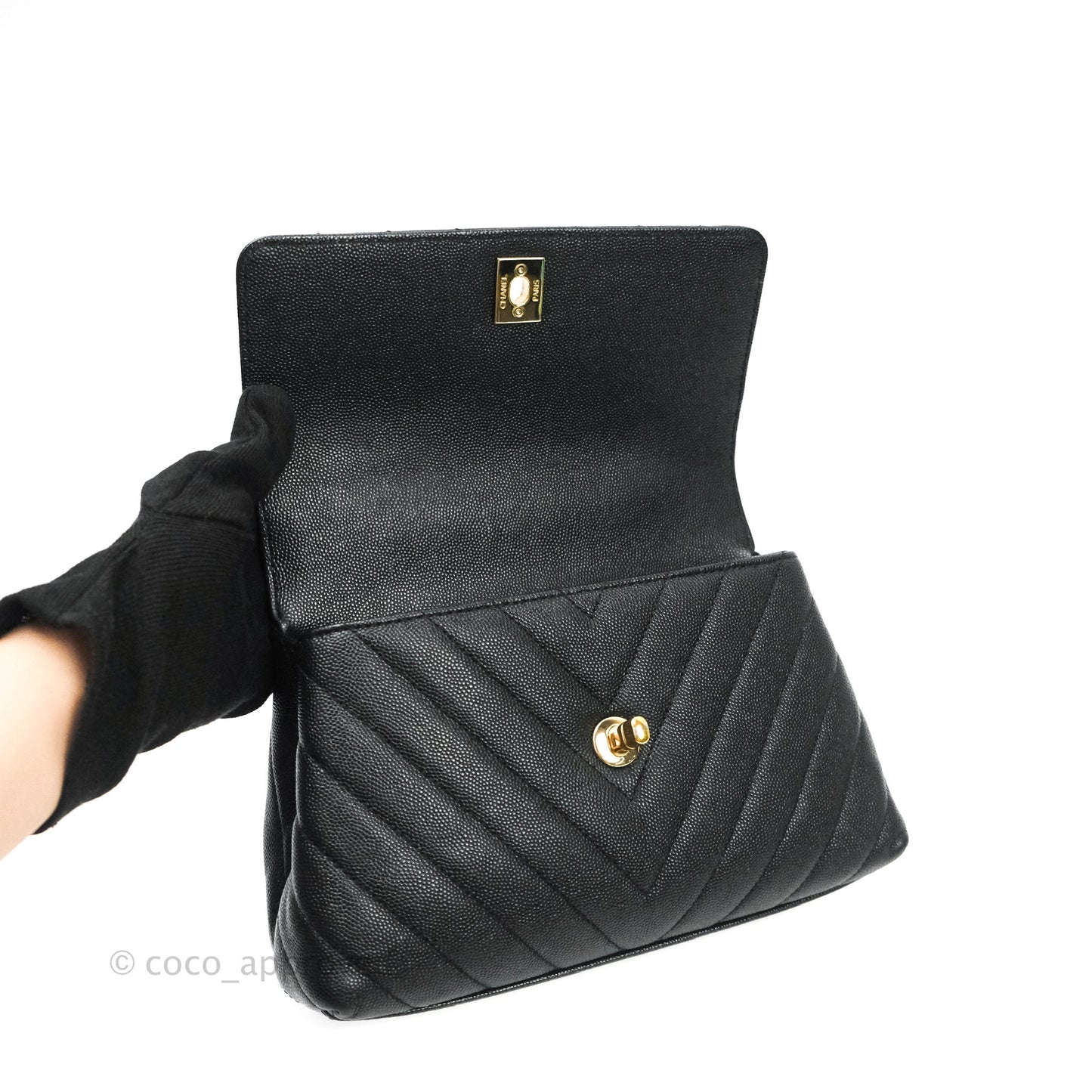 Chanel Mini Coco Handle Chevron Black Caviar Gold Hardware
