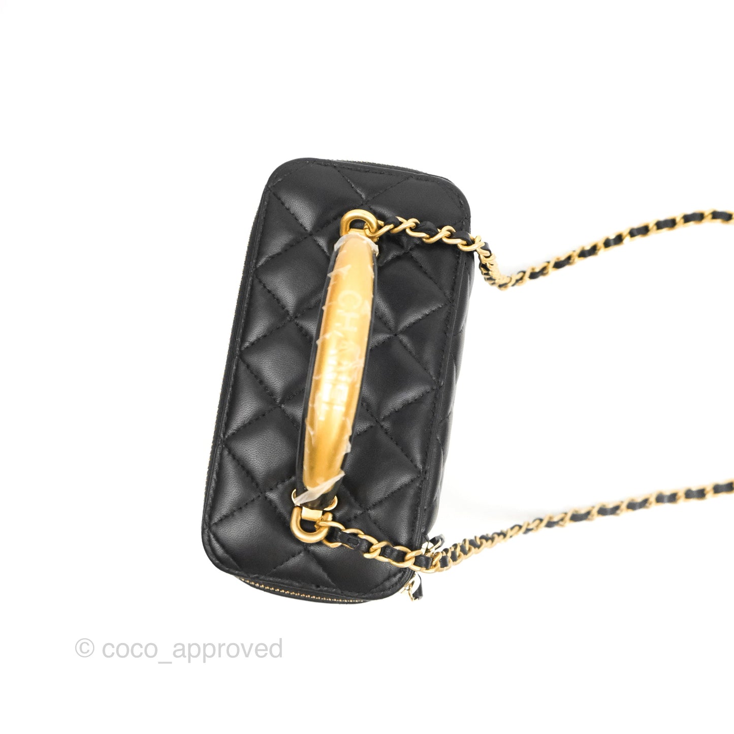 Chanel Vanity Rectangular Metal Top Handle Black Lambskin Aged Gold Hardware 22B