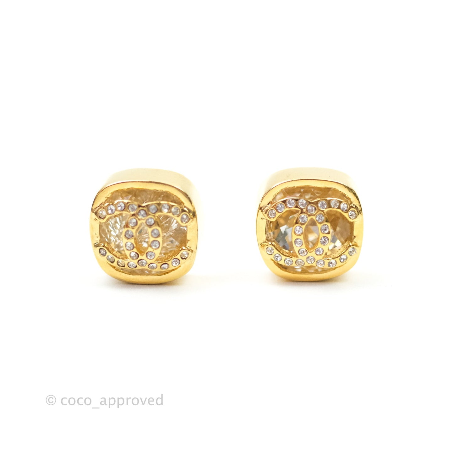 Chanel 21C Square Crystal Earrings Gold Tone