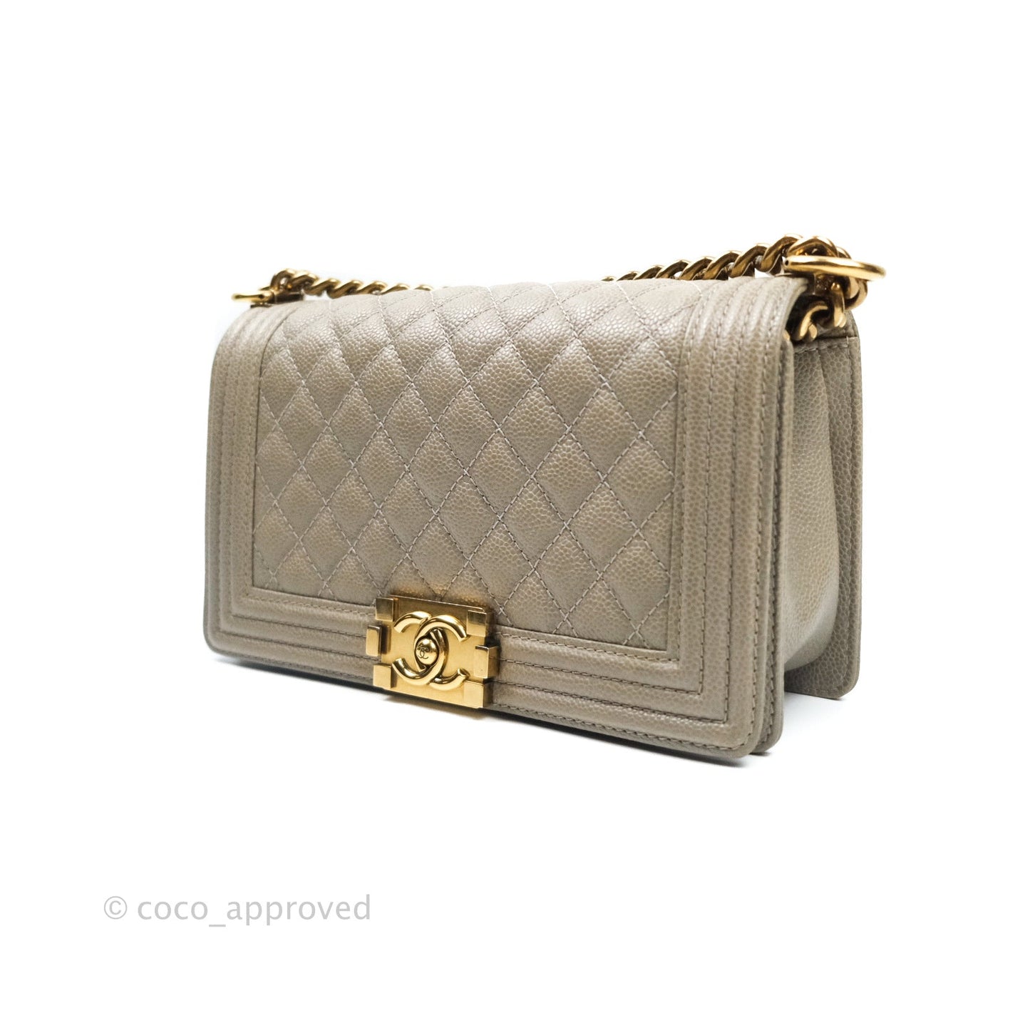 Chanel Boy Quilted Medium Taupe Grey Caviar Gold Hardware 14B