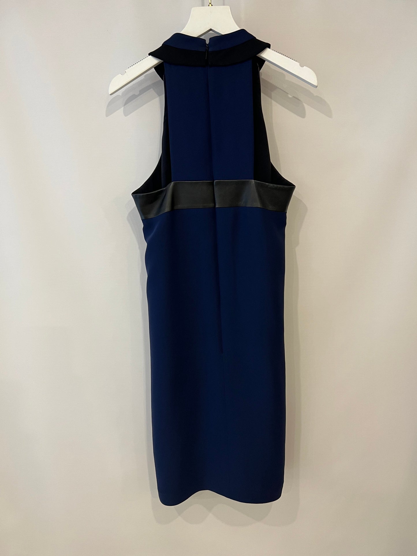 Luxury Gucci Navy Silk Sleeveless Dress with Black Leather Details Size IT 38 (UK 6)