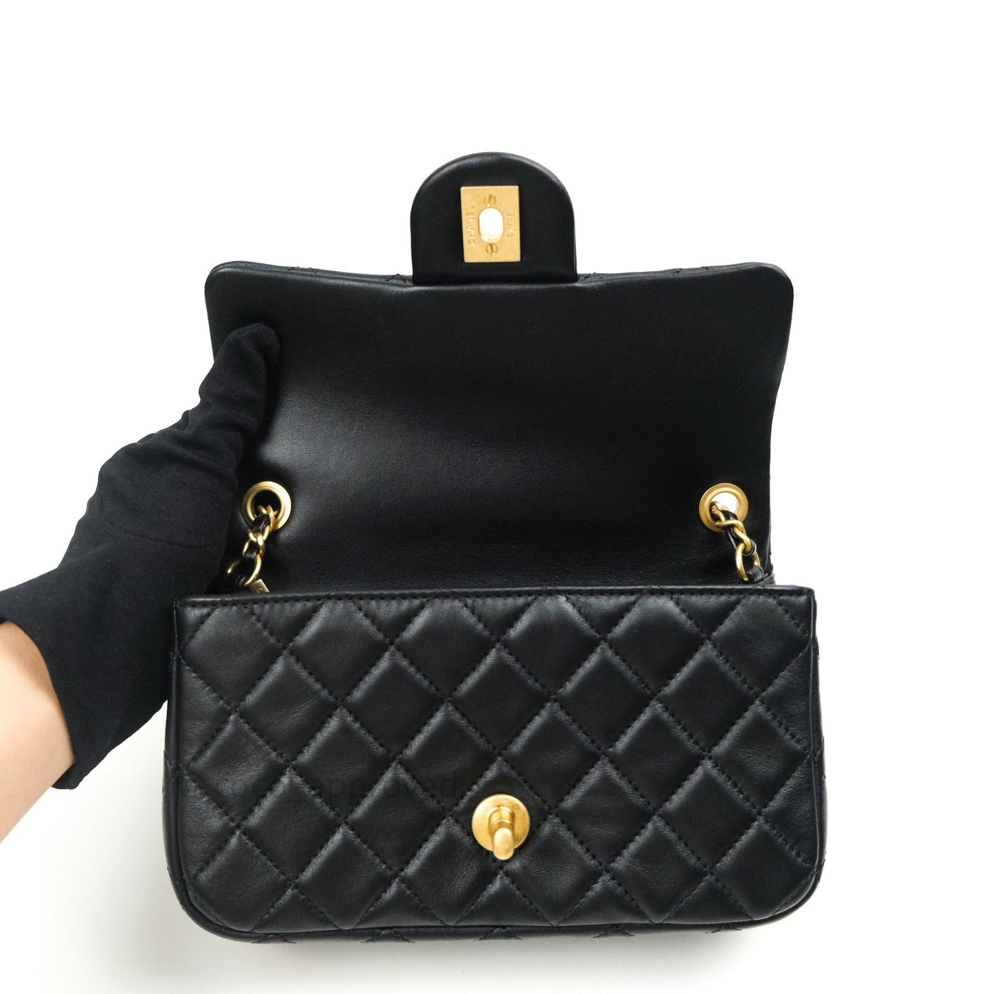 Chanel Mini Rectangular Pearl Crush Quilted Black Lambskin Gold Hardware