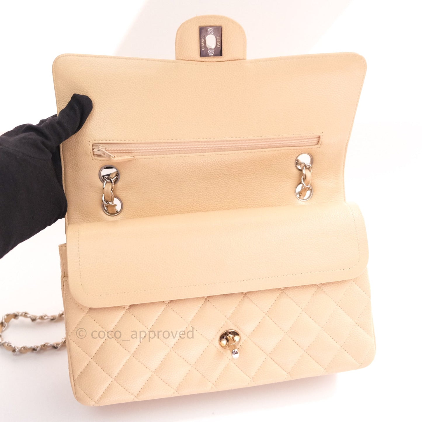 Chanel Quilted M/L Medium Double Flap Beige Clair Caviar Silver Hardware