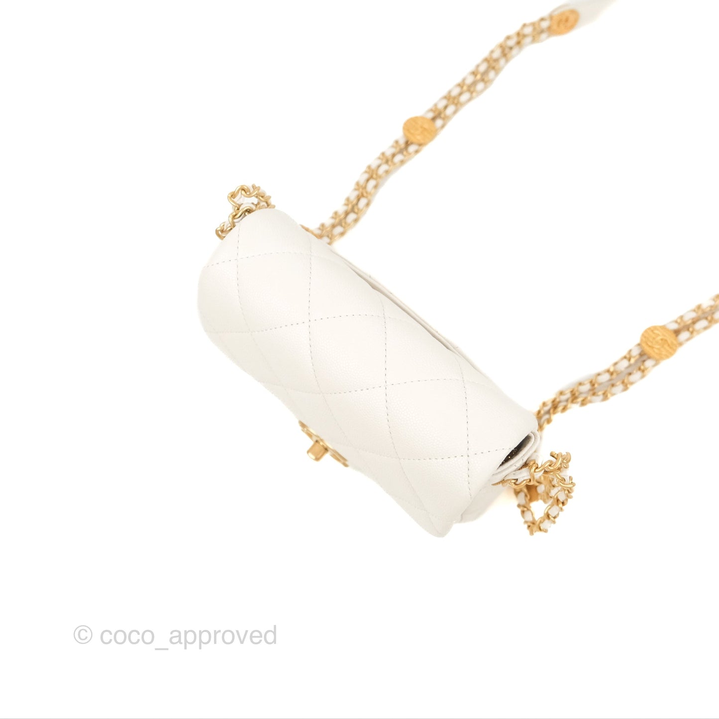 Chanel Mini Flap with Coin Charm White Caviar Aged Gold Hardware 22A