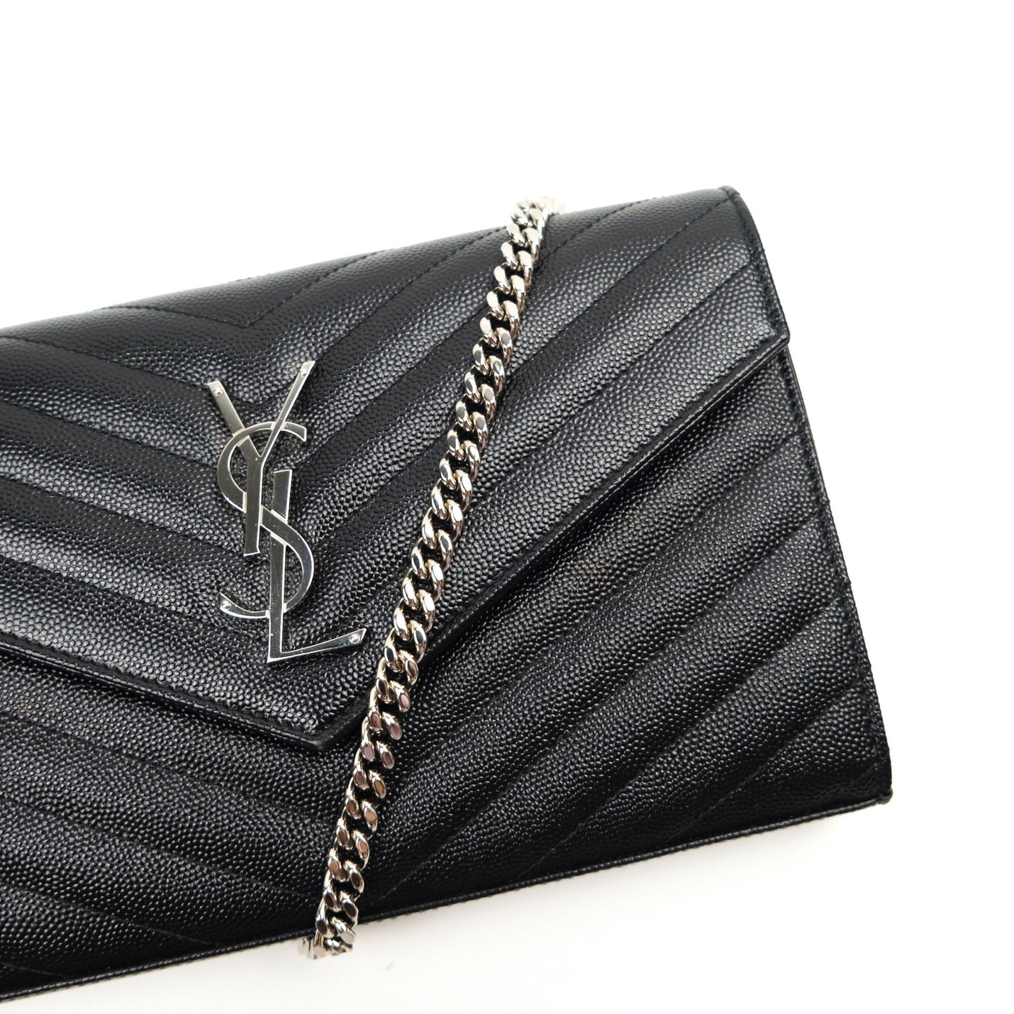 Saint Laurent Wallet on Chain Large in Black Grained Leather and Silver Hardware