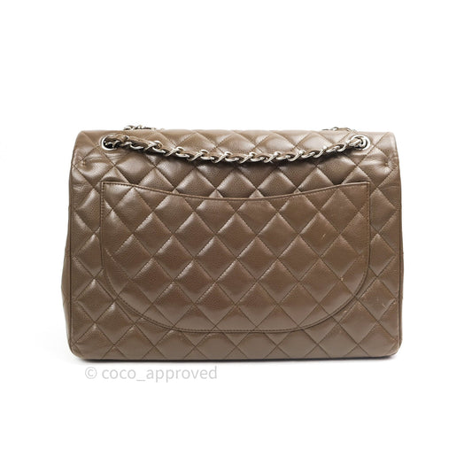 Chanel Double Flap Maxi Khaki Caviar Silver Hardware