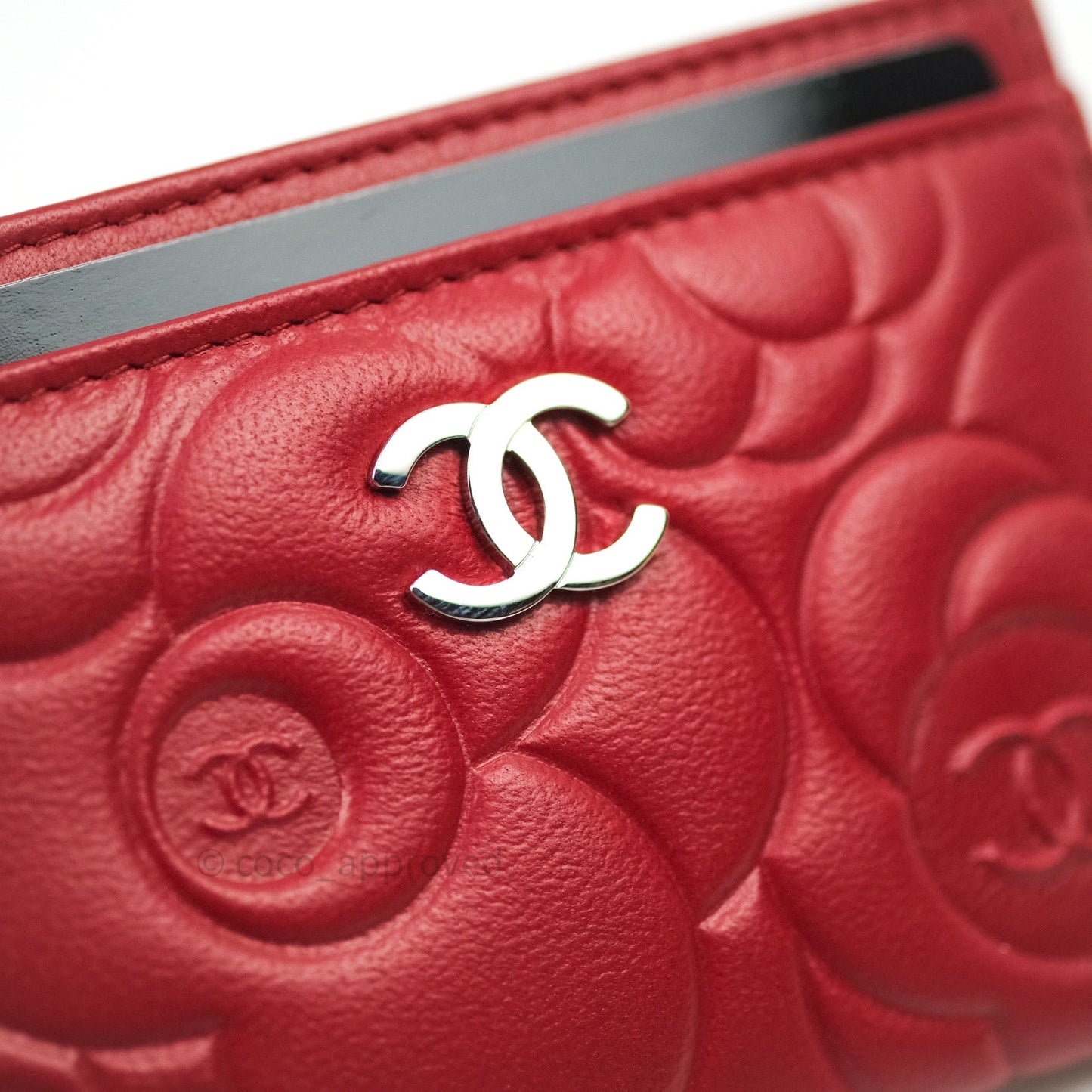 Chanel Quilted Classic Red Camellia Goatskin Silver Hardware Flat Card Holder