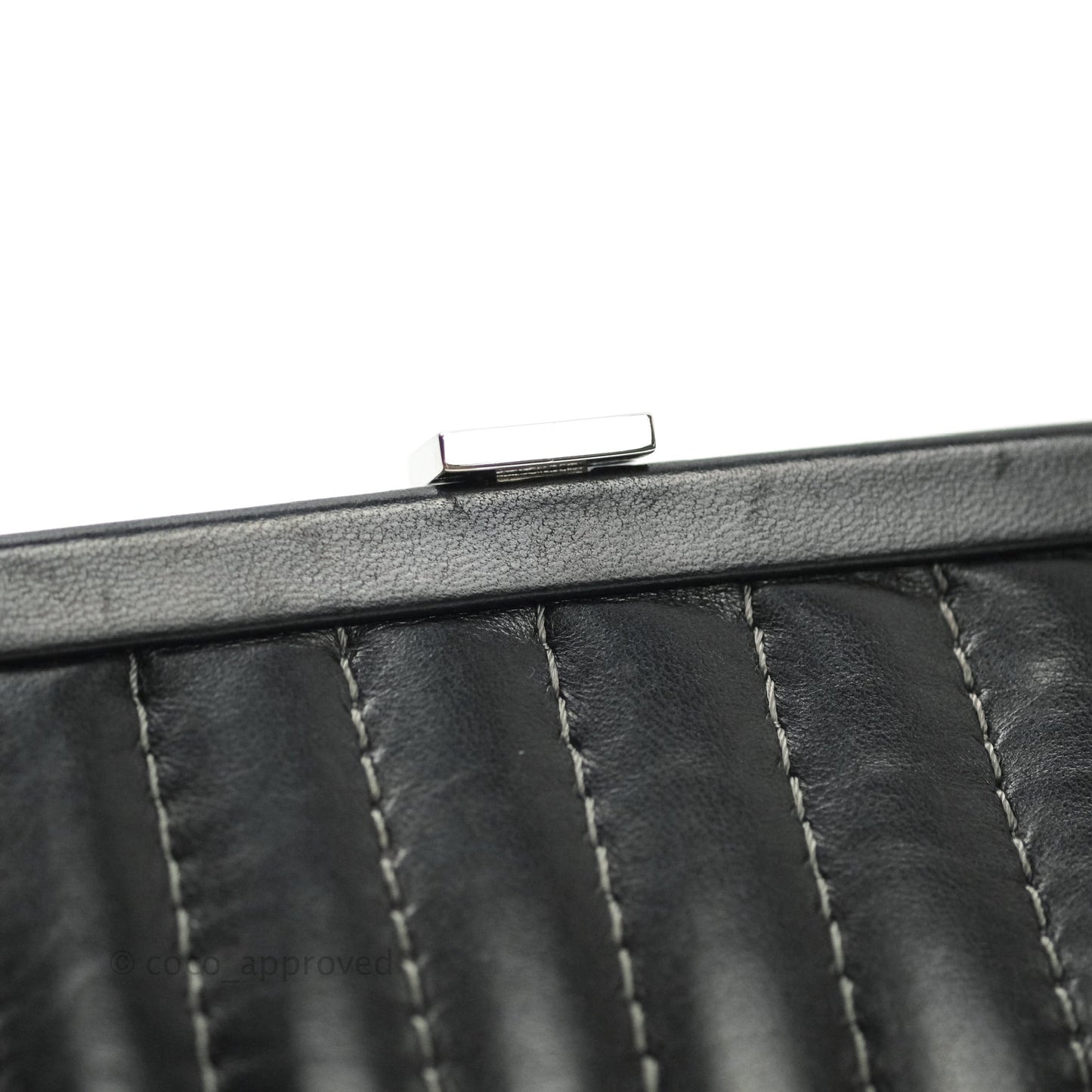 Chanel Vertical Stitch Kiss Lock Black Lambskin Clutch Silver Hardware
