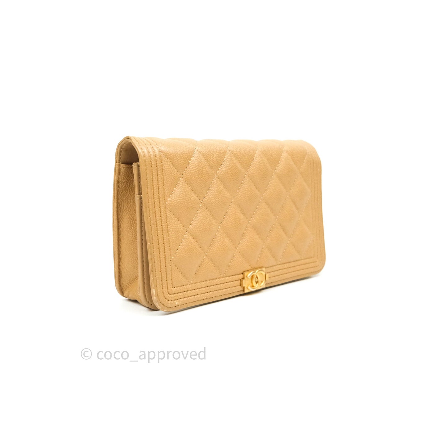 Chanel Quilted Boy Wallet on Chain WOC Beige Caviar Gold Hardware