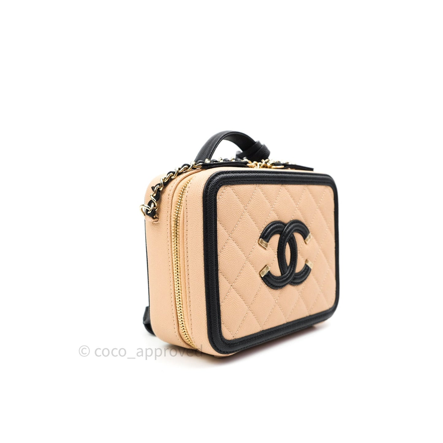 Chanel Quilted New Small CC Filigree Vanity Case Beige Caviar Gold Hardware