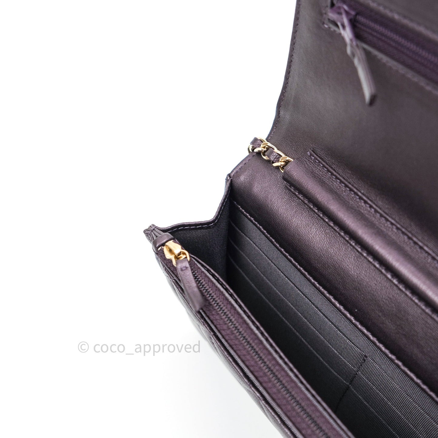 Chanel Quilted Wallet on Chain WOC Metallic Purple Light Gold Hardware