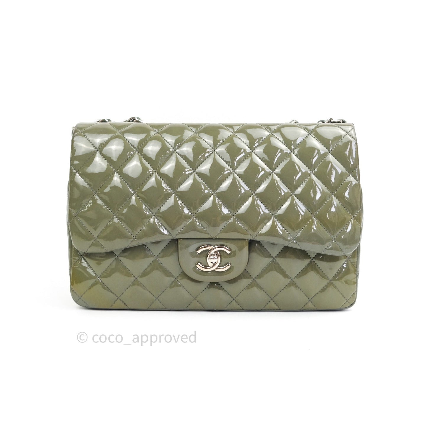 Chanel Jumbo Single Flap Light Green Patent Leather Silver Hardware⁣⁣