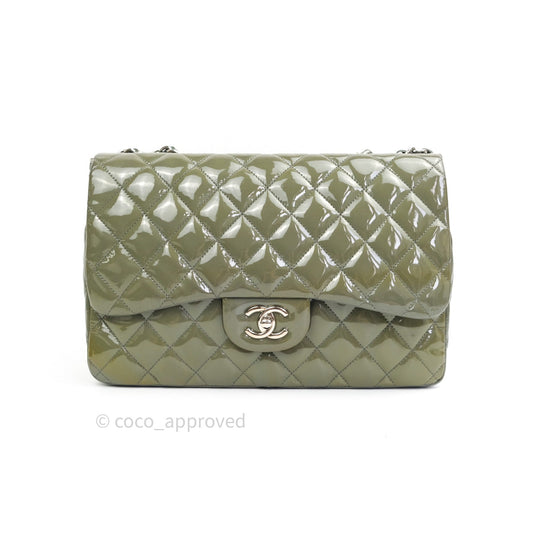 Chanel Jumbo Single Flap Light Green Patent Leather Silver Hardware⁣⁣