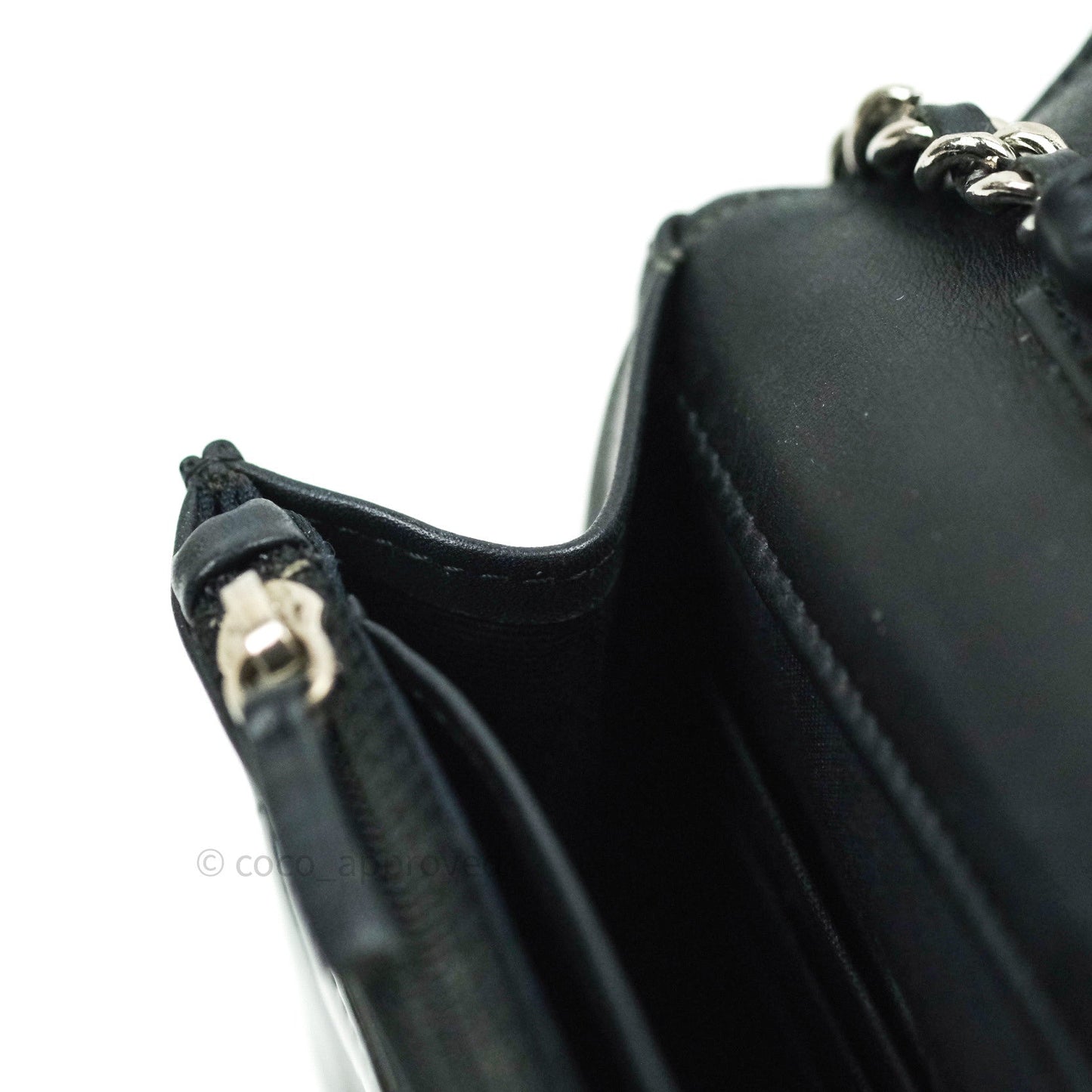 Chanel Quilted Wallet on Chain WOC Black Patent Leather Silver Hardware