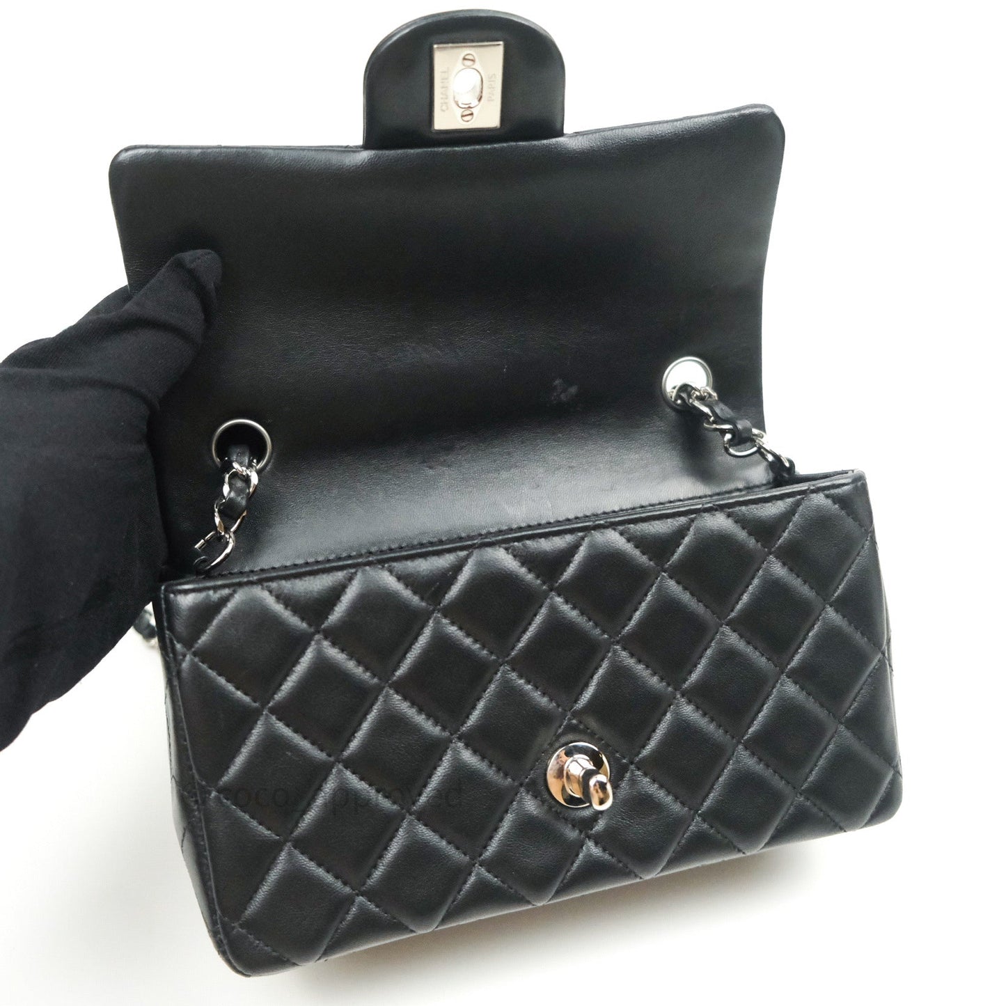 Chanel Quilted Mini Rectangular Black Lambskin Silver Hardware