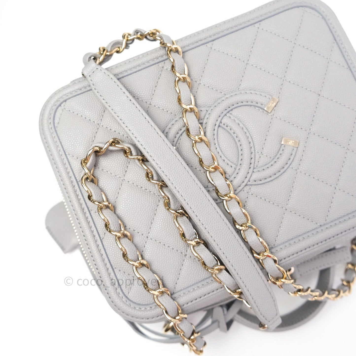 Chanel Quilted Medium CC Filigree Vanity Case Grey Caviar Light Gold Hardware
