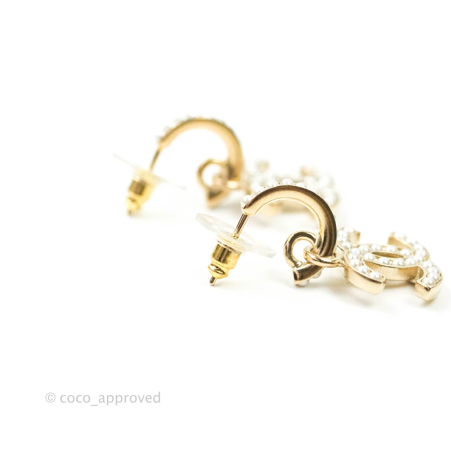 Chanel Earrings Pearl CC Hanging Earrings Gold Tone
