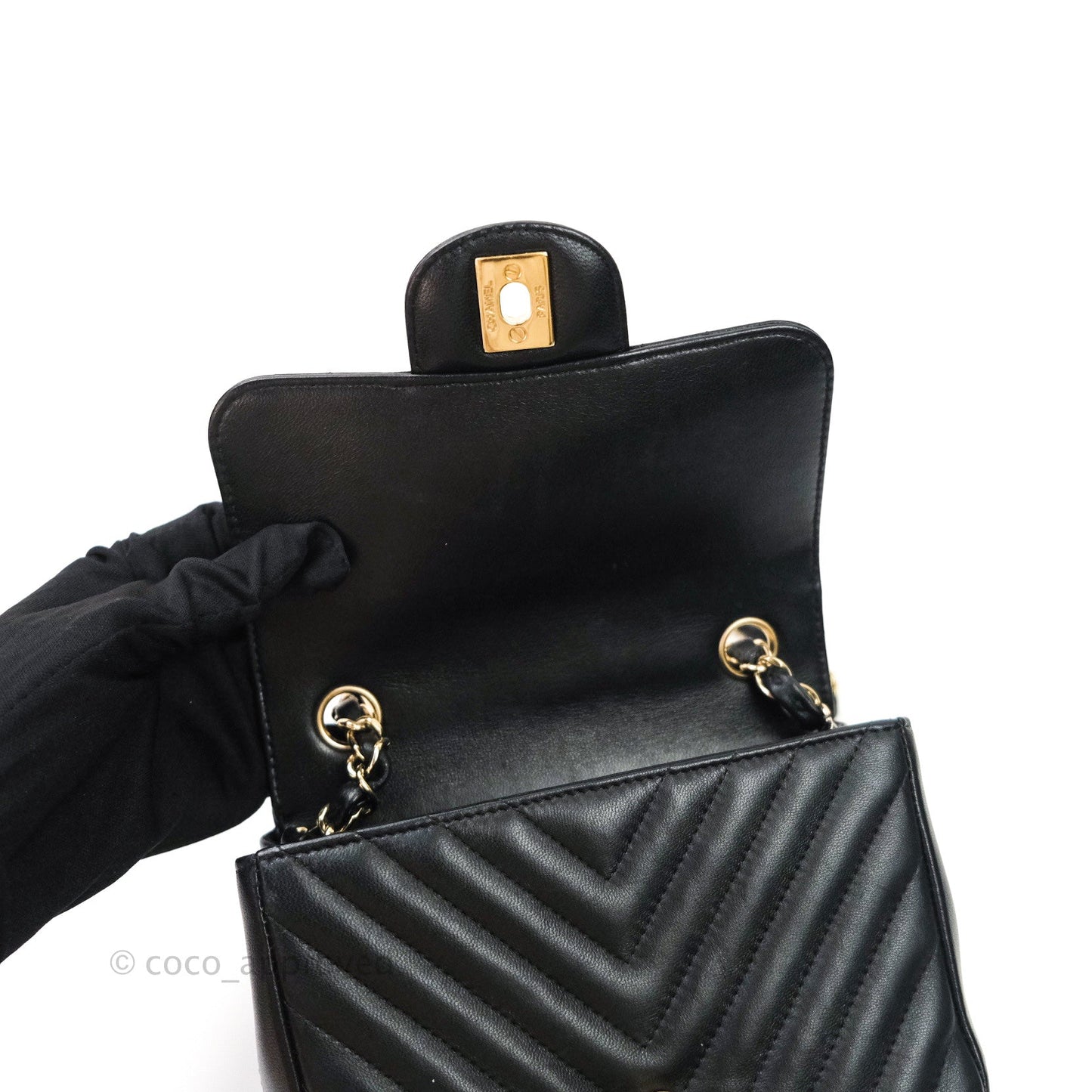 Chanel Mini Square Chevron Black Lambskin Gold Hardware