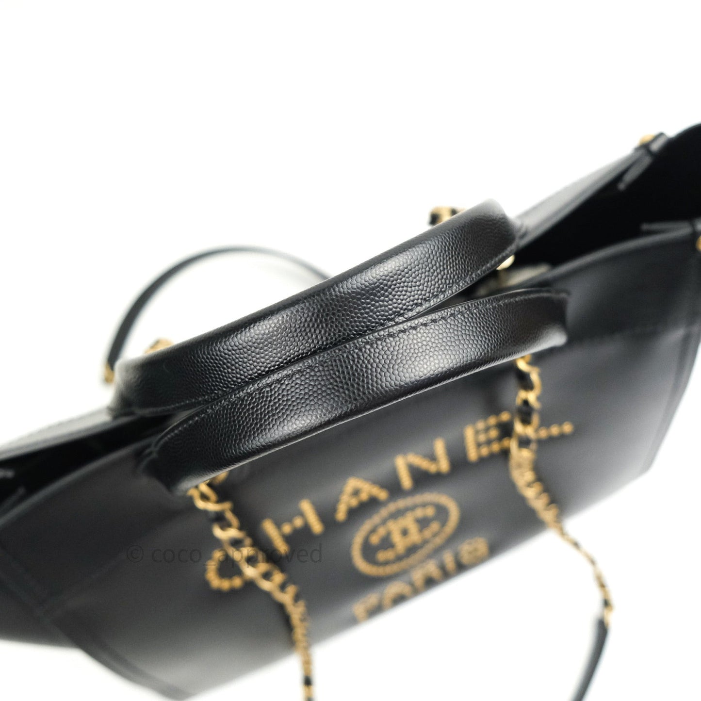 Chanel Small Studded Deauville Tote Black Caviar Gold Hardware