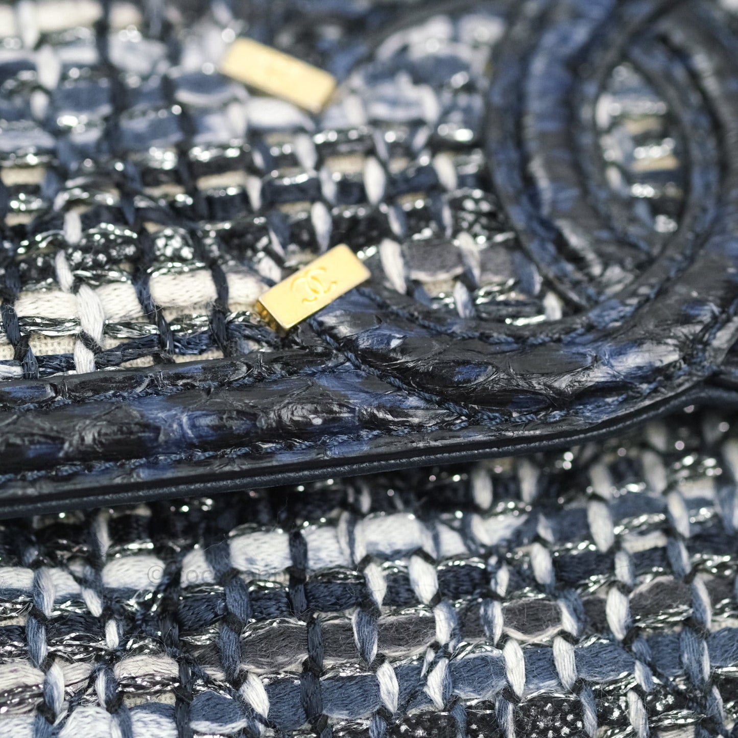 Chanel Quilted Small CC Filigree Flap Blue Tweed With Python 18S
