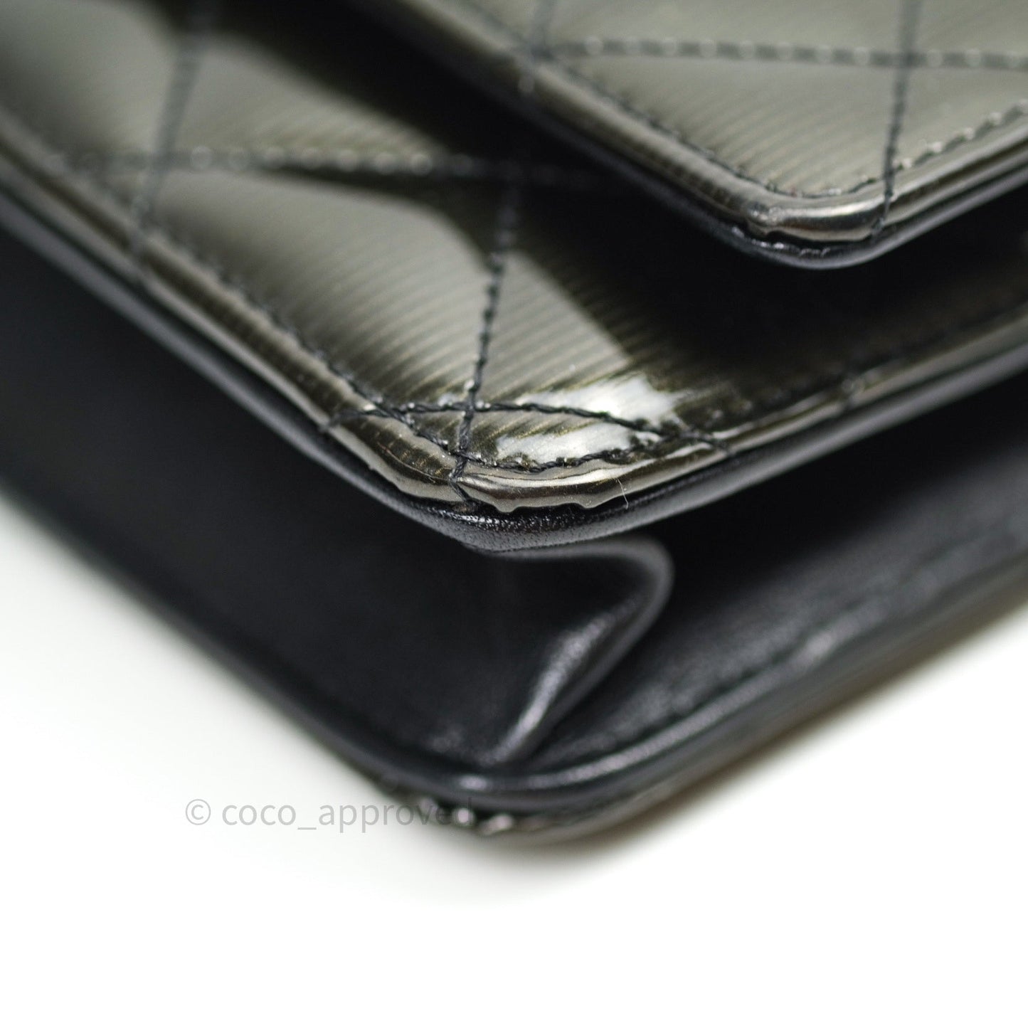 Chanel Quilted Wallet on Chain WOC Dark Green Patent Leather Silver Hardware