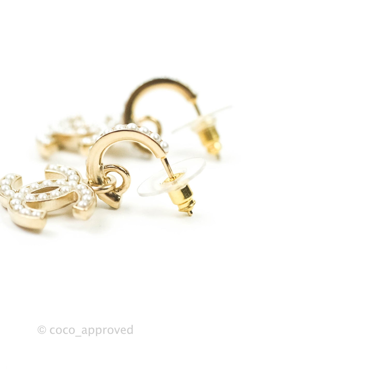 Chanel Earrings Pearl CC Hanging Earrings Gold Tone