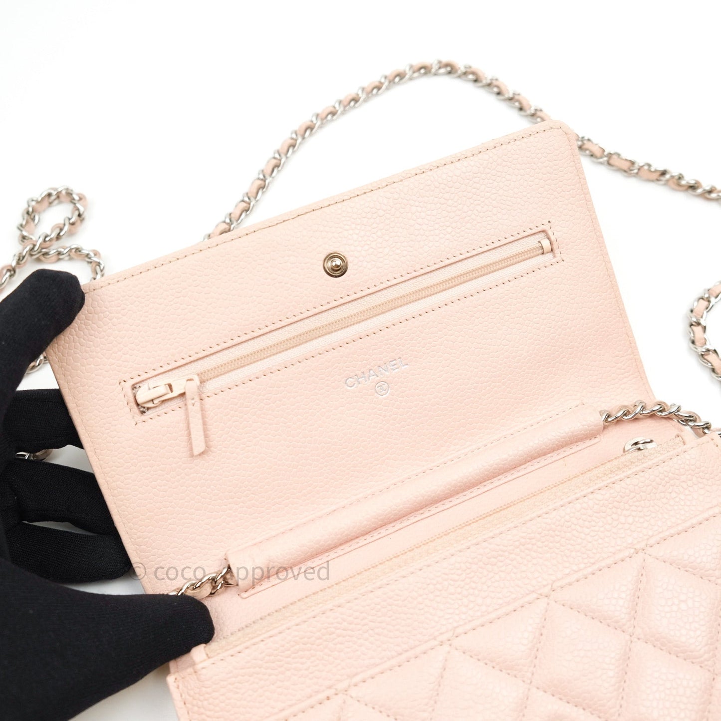 Chanel Quilted Wallet on Chain WOC Baby Pink Caviar Silver Hardware