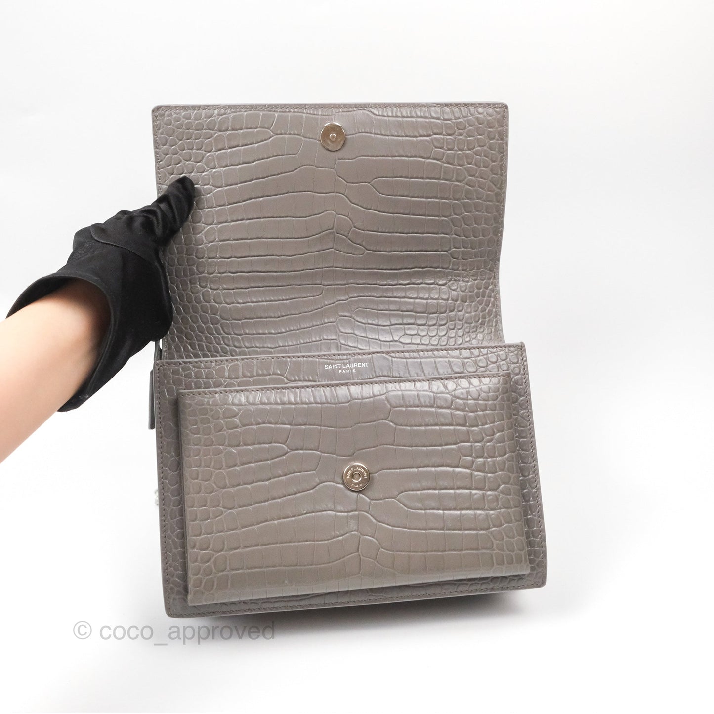 Saint Laurent Sunset Medium Grey Croc-effected Silver Hardware