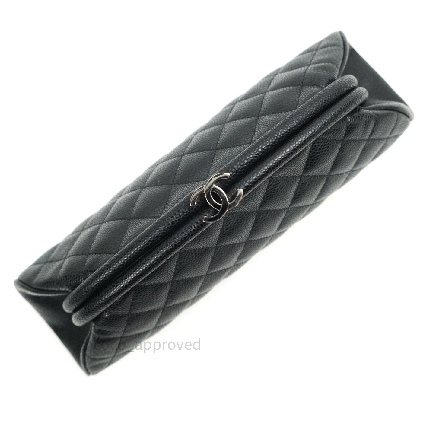 Chanel Quilted Timeless Kisslock Clutch Black Caviar Silver Hardware