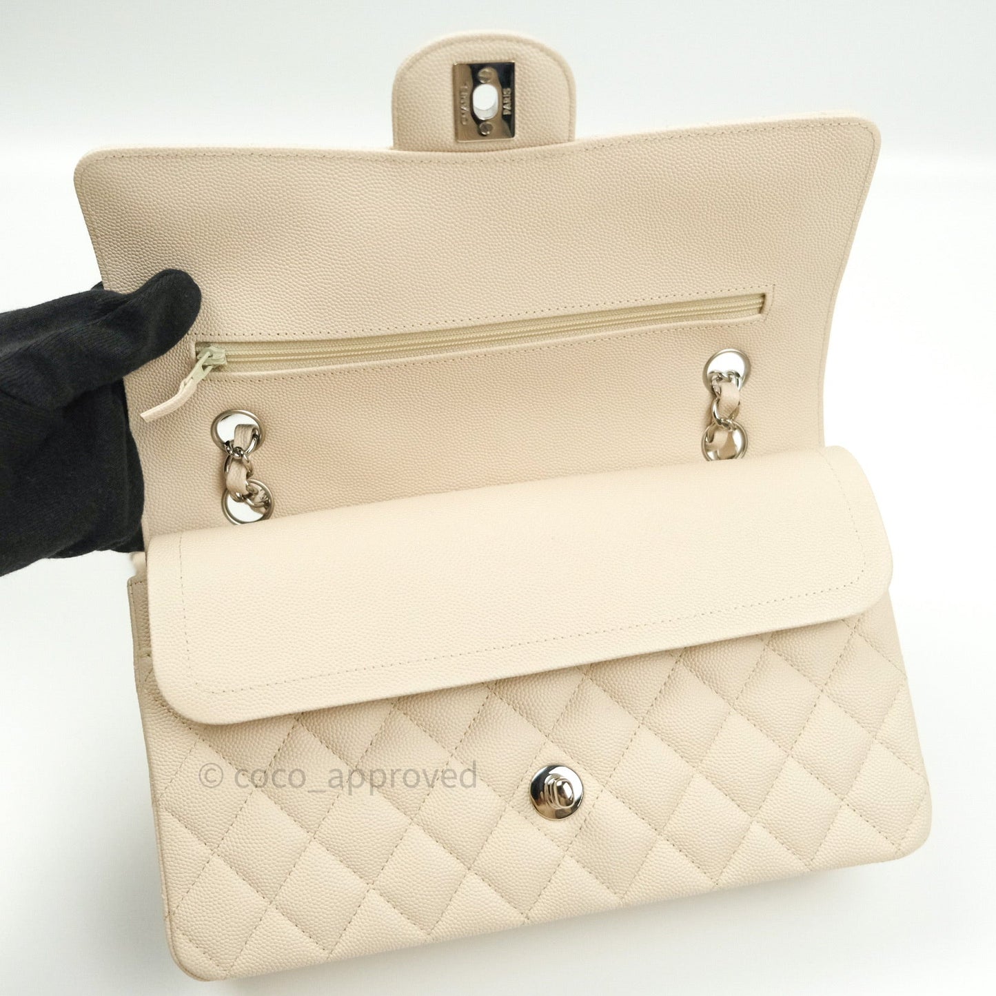 Chanel Classic M/L Medium Double Flap Quilted Ivory Caviar Silver Hardware