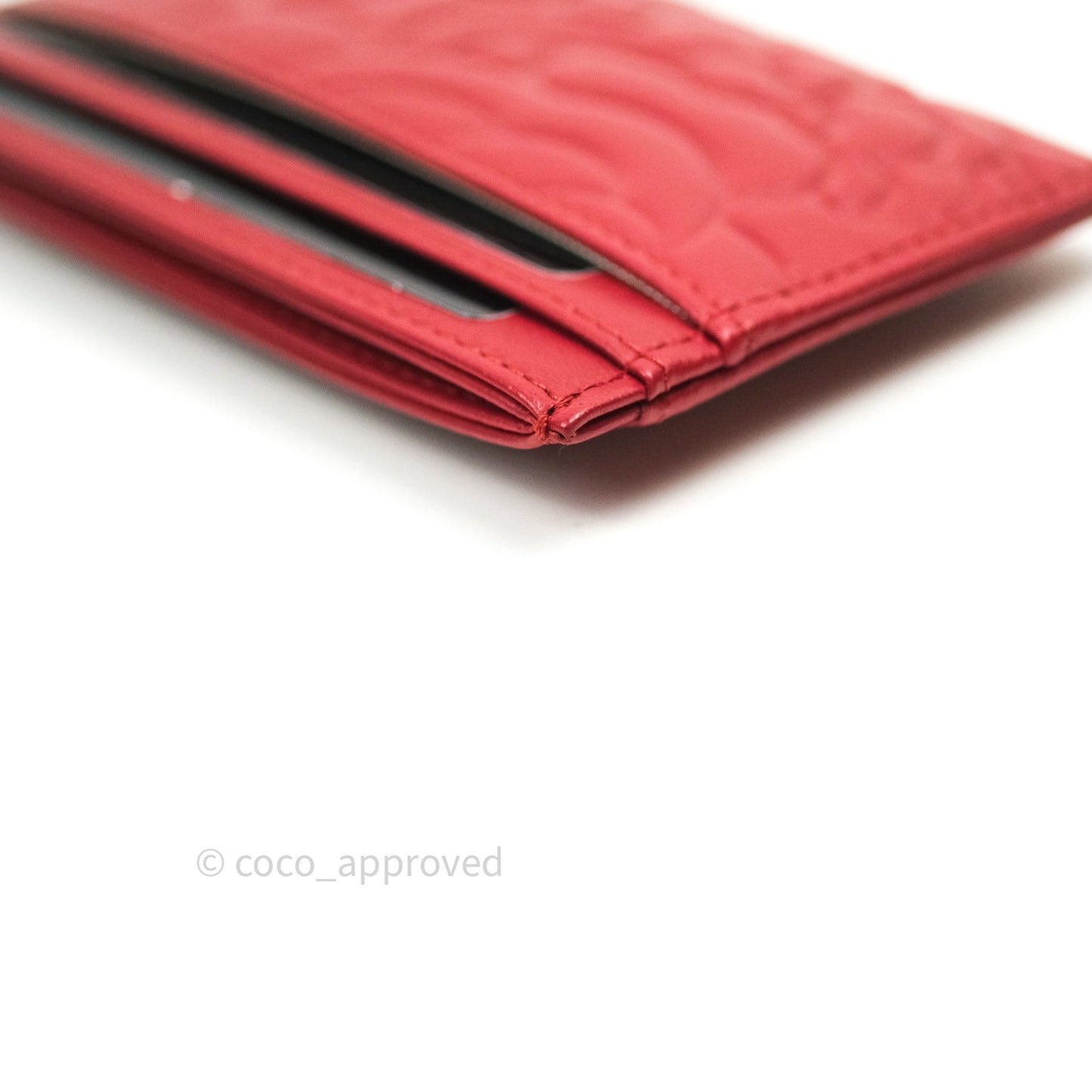 Chanel Quilted Classic Red Camellia Goatskin Silver Hardware Flat Card Holder