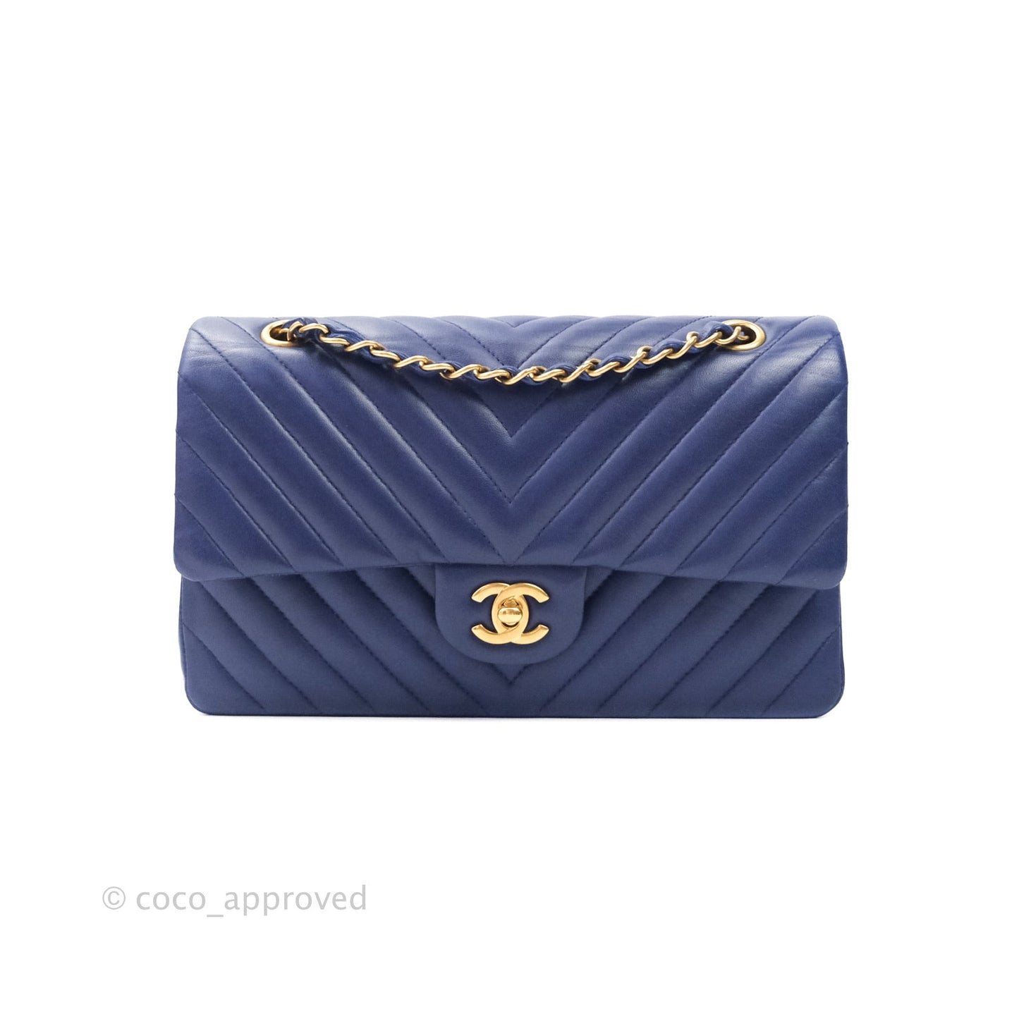 Chanel Classic Chevron M/L Medium Flap Blue Lambskin Gold Hardware