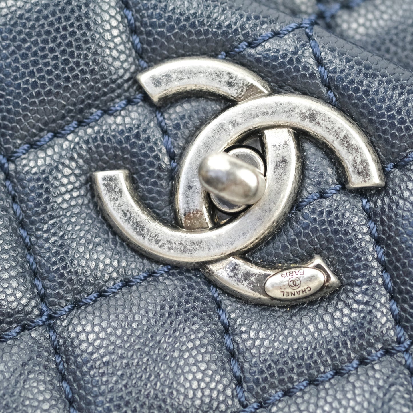 Chanel Small Coco Handle Quilted Navy Caviar Lizard Handle Ruthenium Hardware