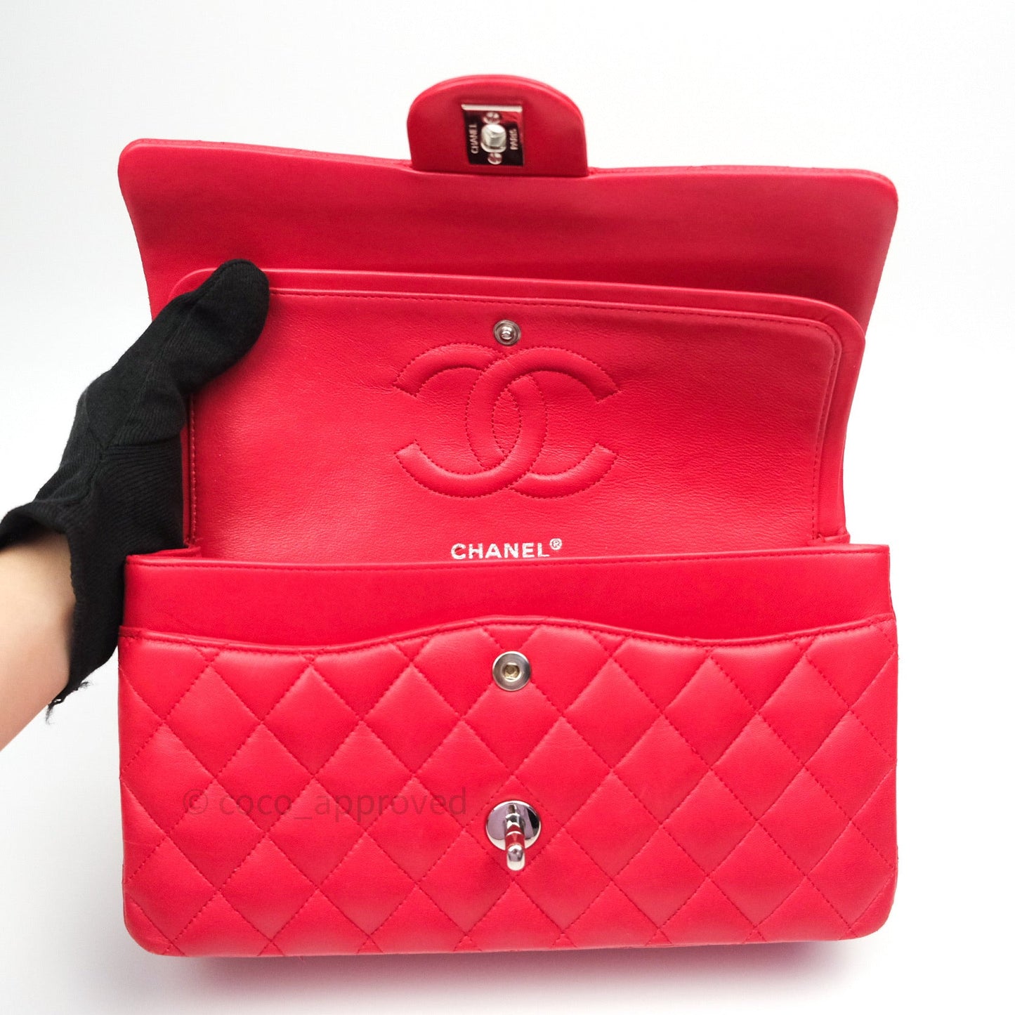 Chanel Classic M/L Medium Double Flap Bag Red Lambskin Silver Hardware
