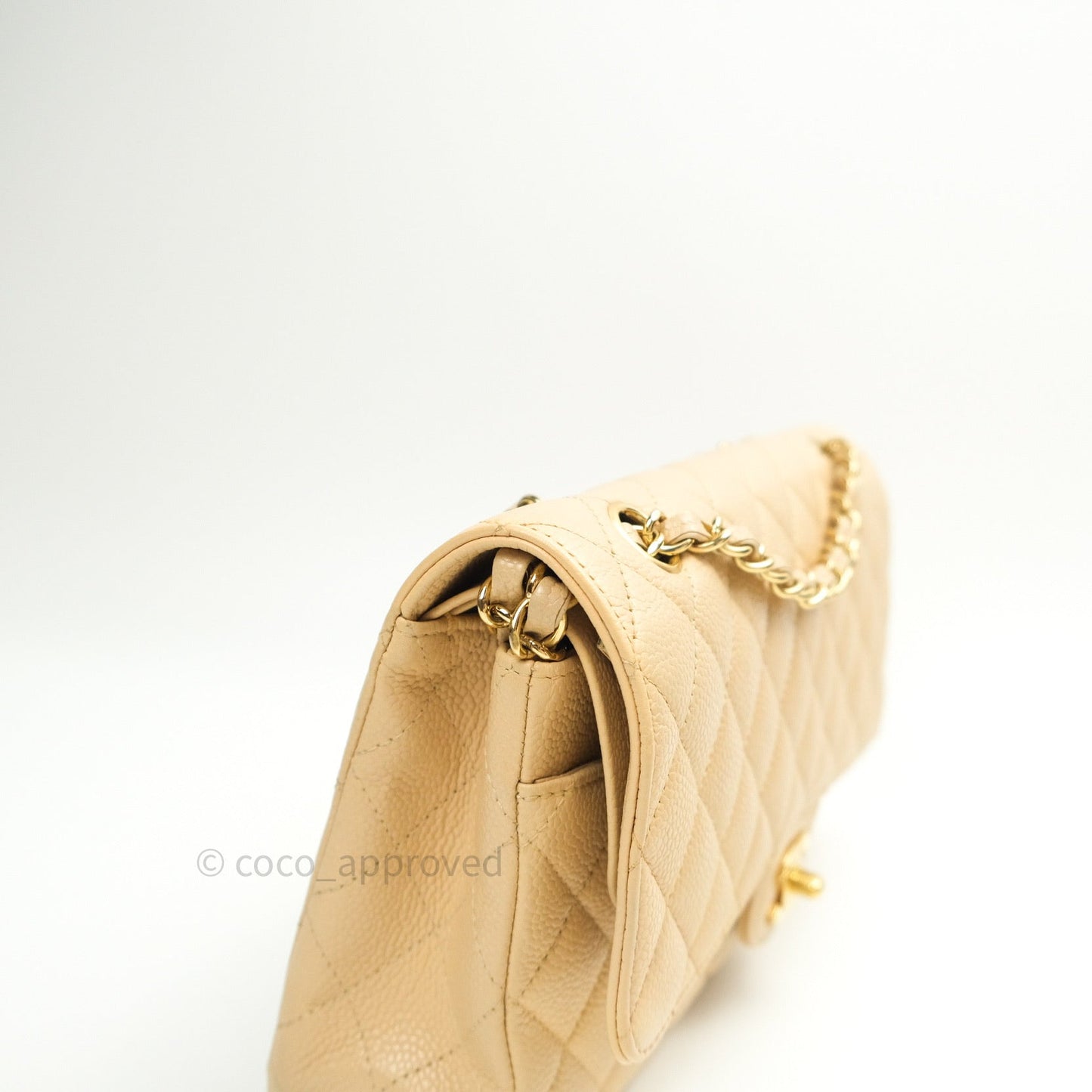 Chanel Quilted M/L Medium Double Flap Beige Clair Caviar Gold Hardware