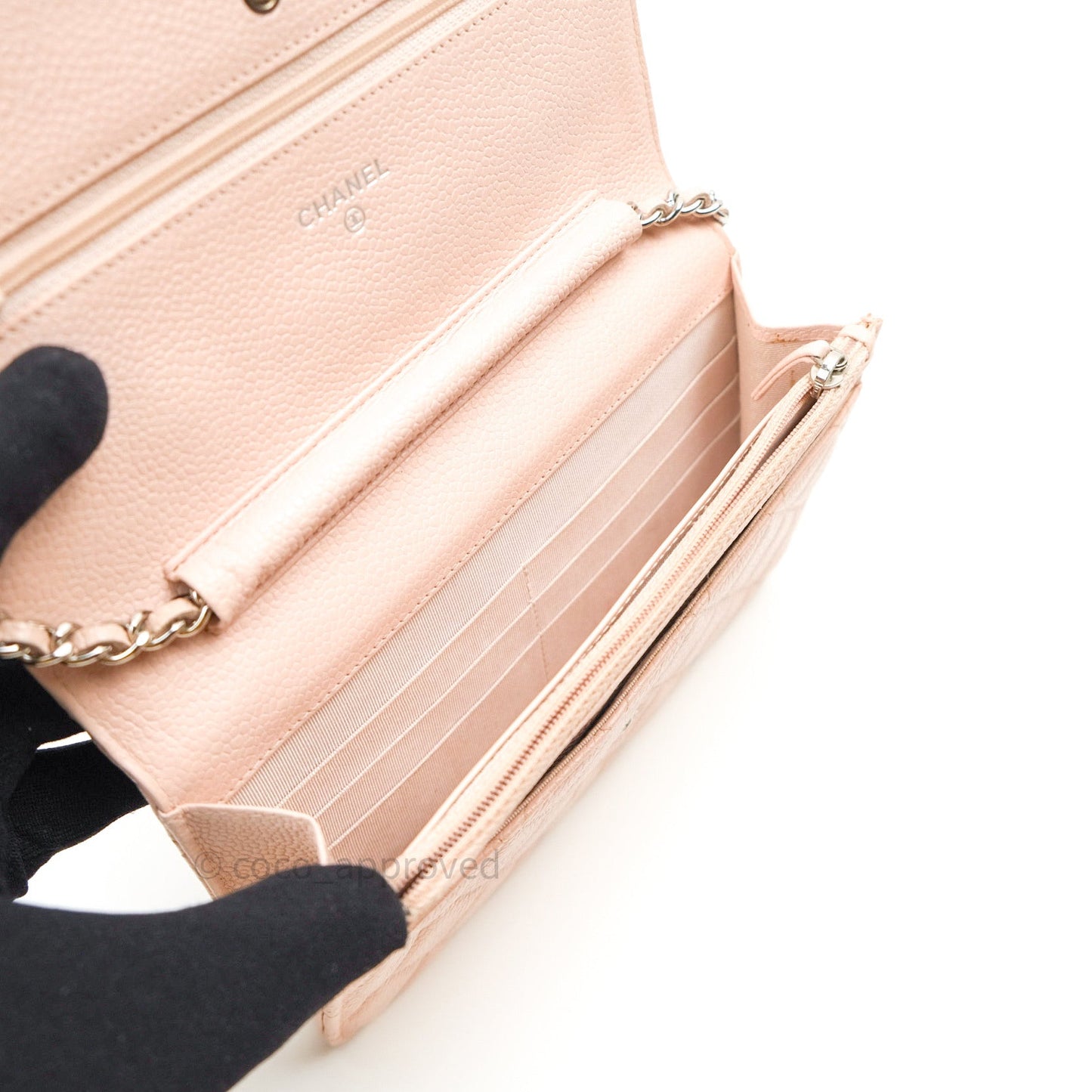 Chanel Quilted Wallet on Chain WOC Baby Pink Caviar Silver Hardware
