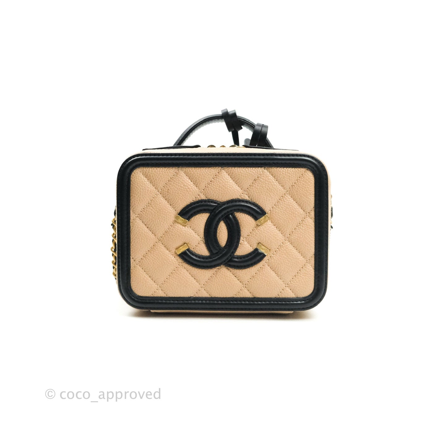 Chanel Quilted Small CC Filigree Vanity Case Beige Black Caviar