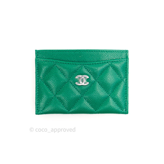 Chanel Quilted Classic Green Caviar Silver Hardware Flat Card Holder