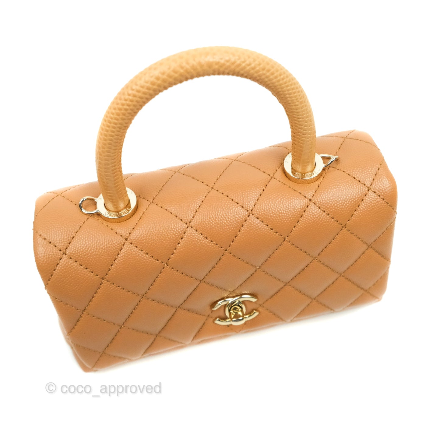 Chanel Mini (Small) Coco Handle Quilted Dark Beige Caramel Caviar Gold Hardware Lizard Embossed Handle 21P