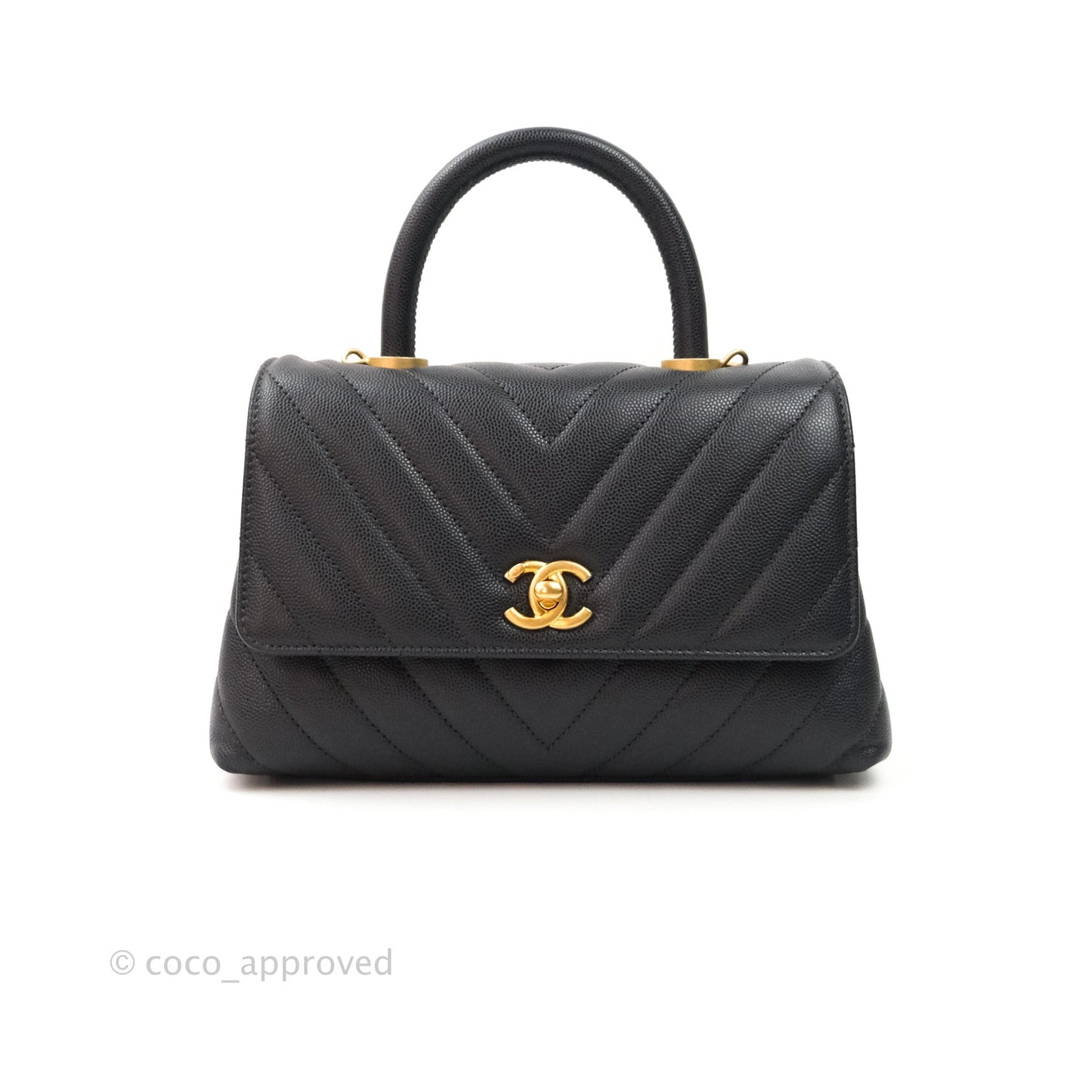 Chanel Quilted Mini Coco Handle Chevron Dark Grey Caviar Gold Hardware