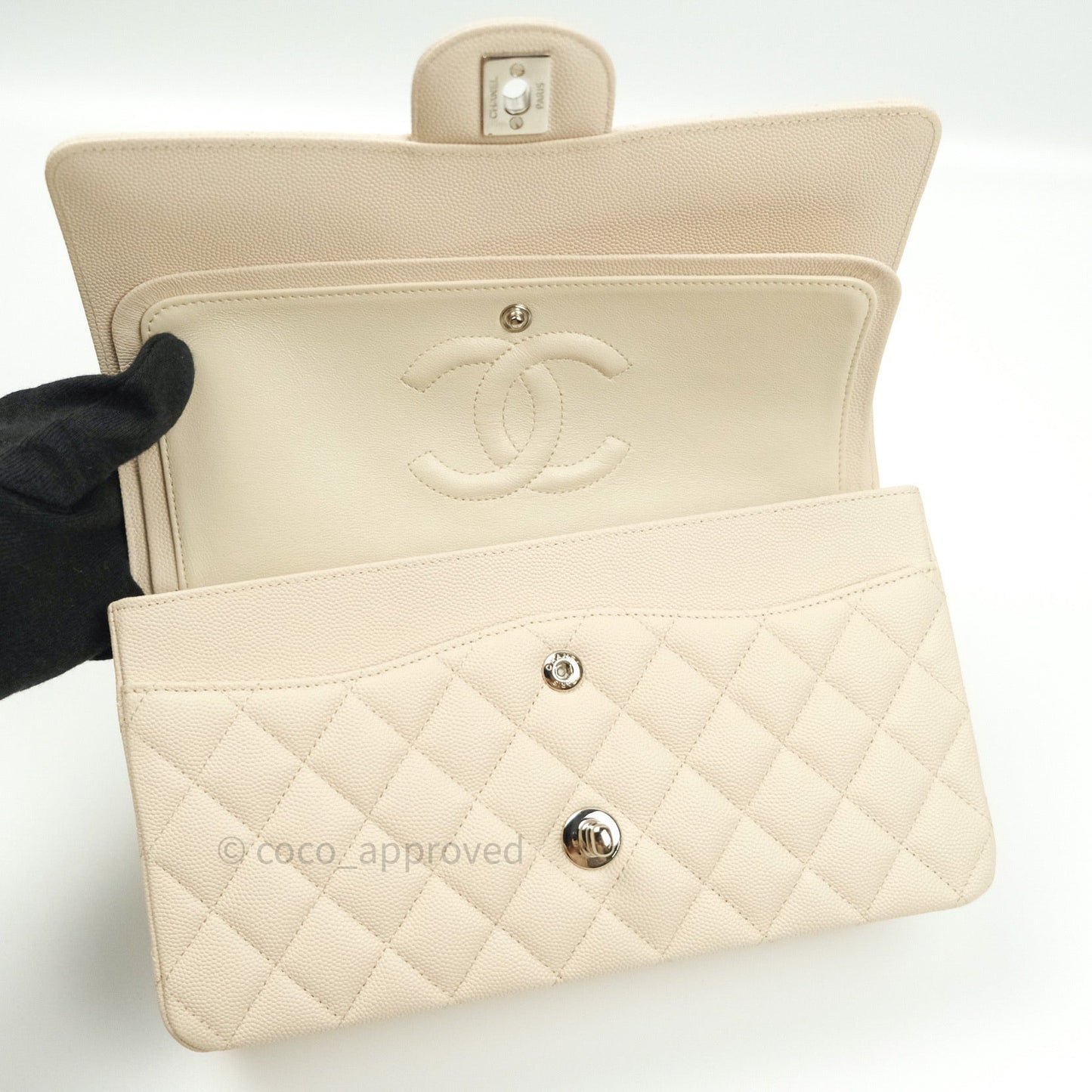 Chanel Classic M/L Medium Double Flap Quilted Ivory Caviar Silver Hardware