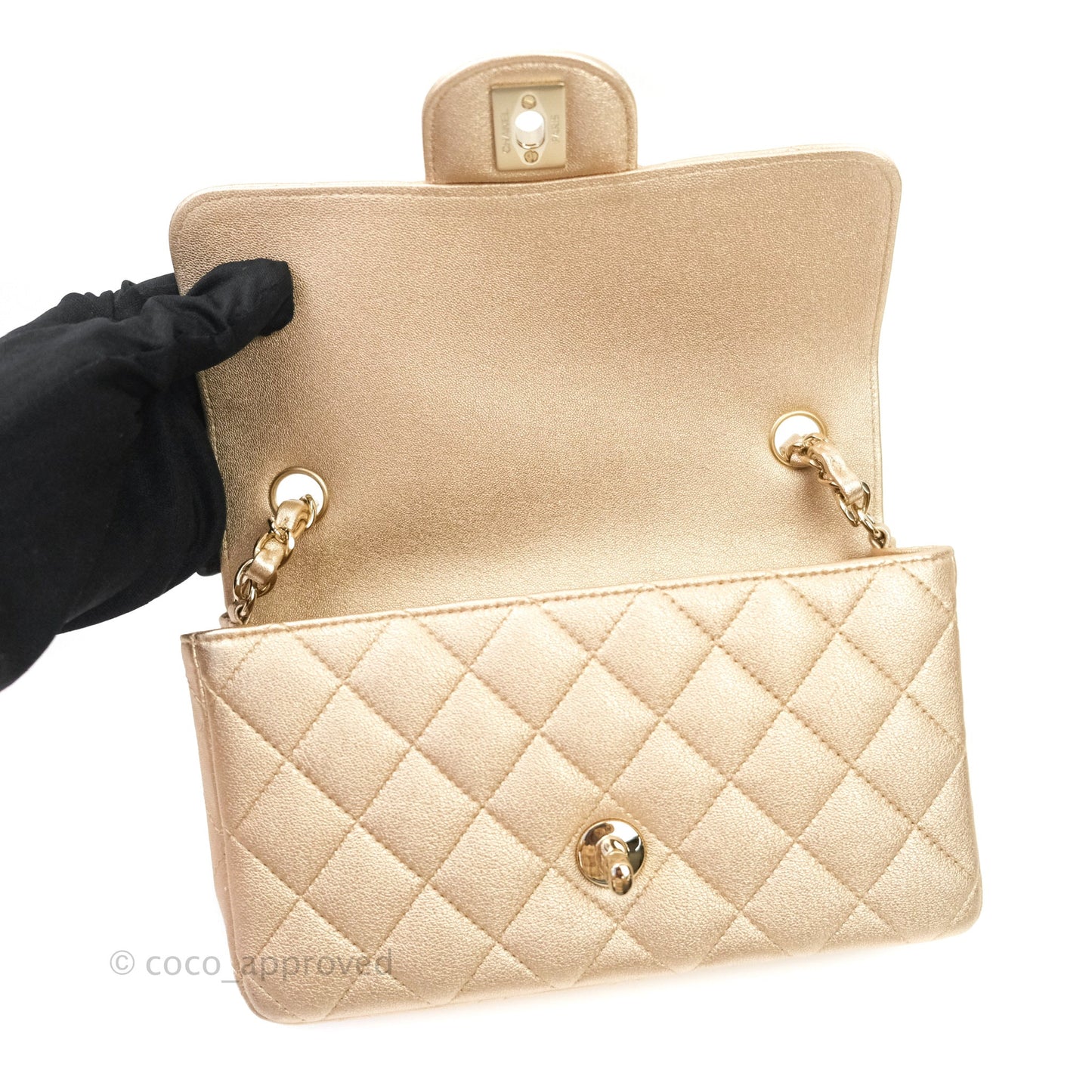 Chanel Quilted Mini Rectangular Metallic Champagne Gold Lambskin Gold Hardware