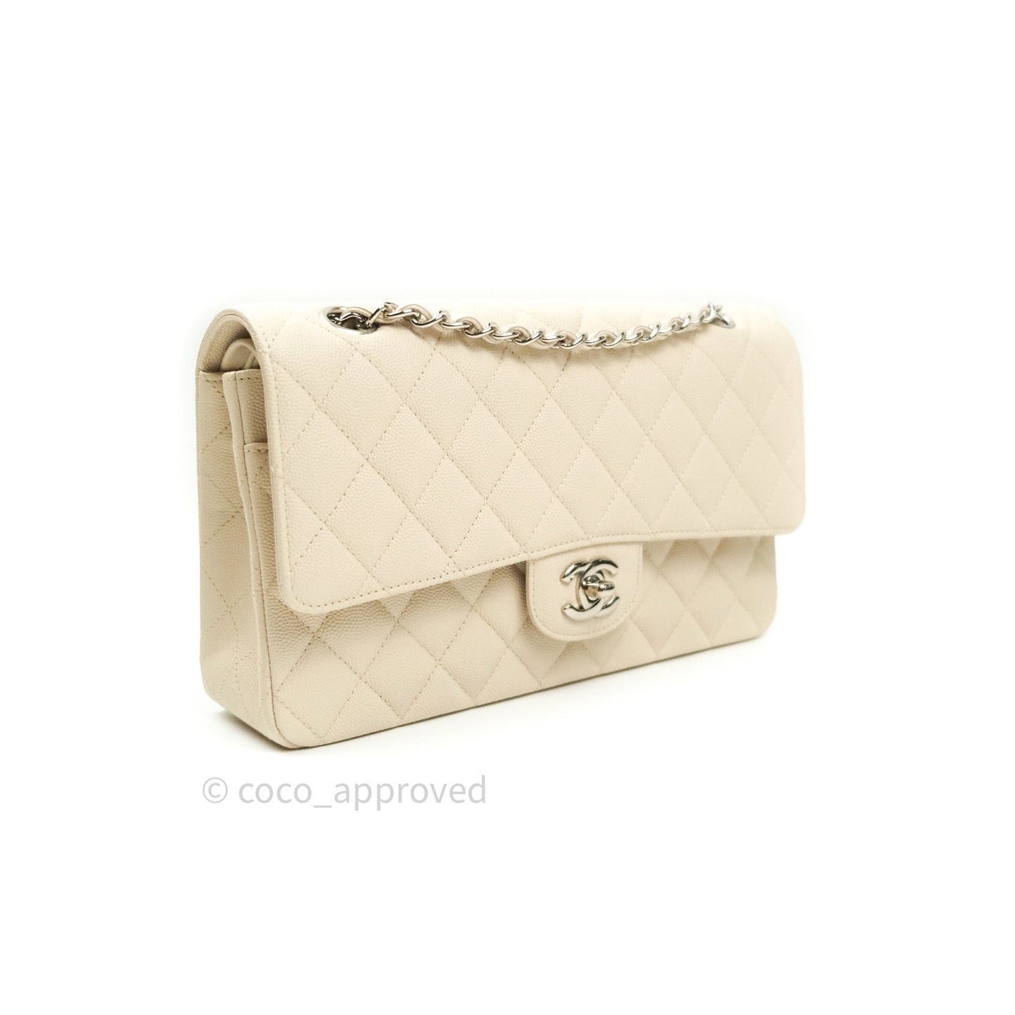 Chanel Classic M/L Medium Double Flap Quilted Ivory Caviar Silver Hardware