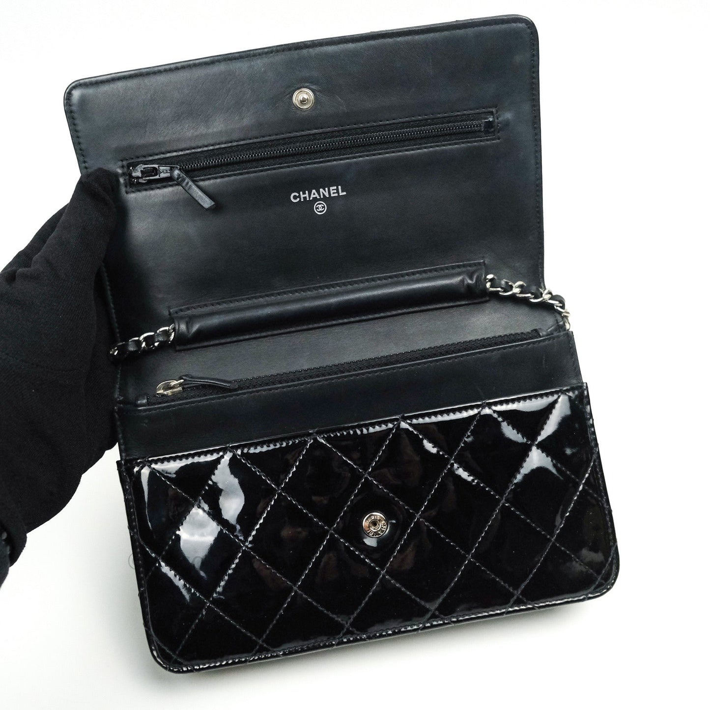 Chanel Quilted Wallet on Chain WOC Black Patent Leather Silver Hardware