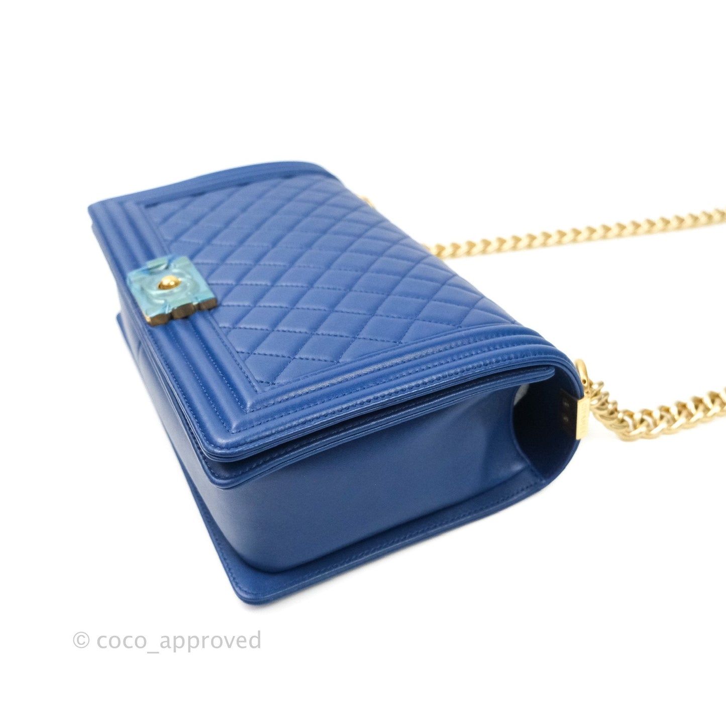 Chanel Boy New Medium Quilted Blue Lambskin Aged Gold Hardware
