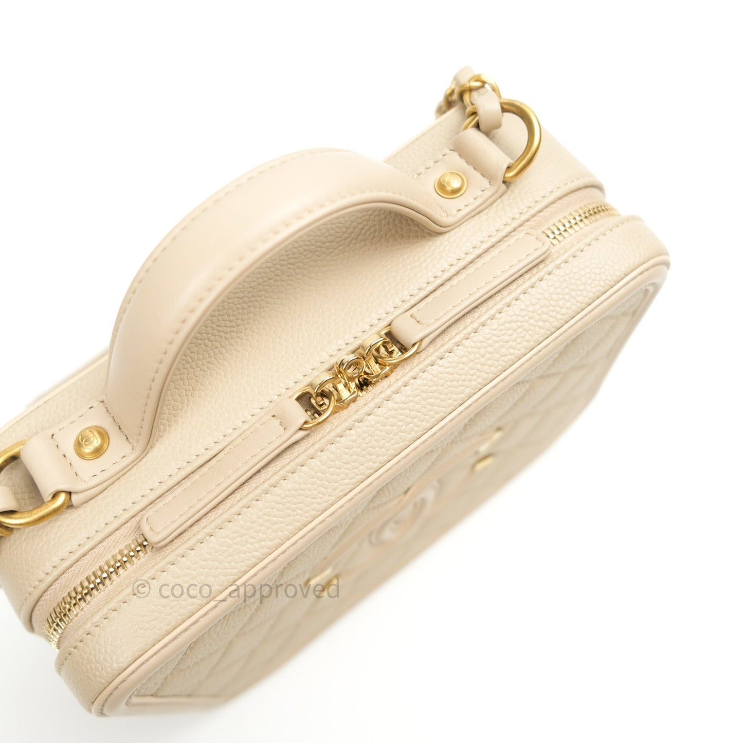 Chanel Quilted Medium CC Filigree Vanity Case Light Beige Caviar Gold Hardware