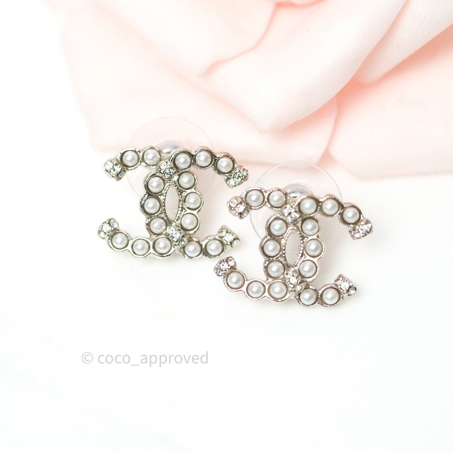 Chanel Crystal CC Earrings Silver Tone
