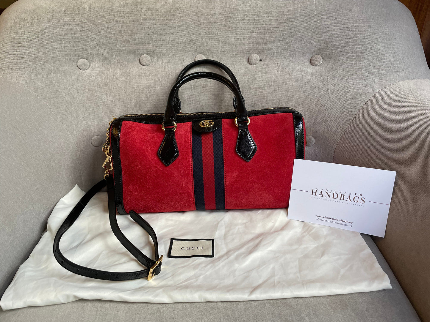 Luxury Gucci Red Suede and Blue Leather Ophidia Boston Bag