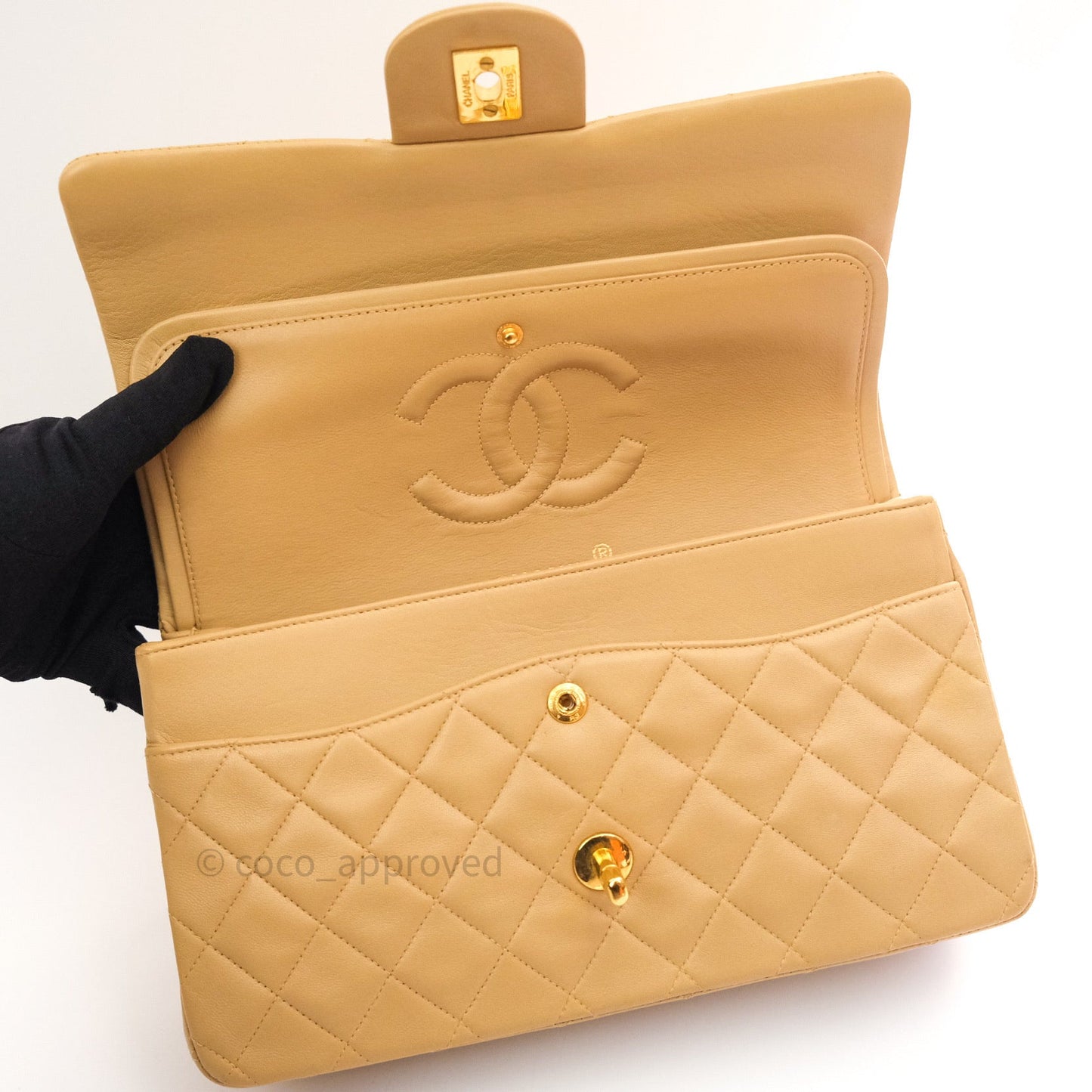 Chanel Vintage M/L Medium Double Flap Bag Beige Lambskin 24K Gold Hardware